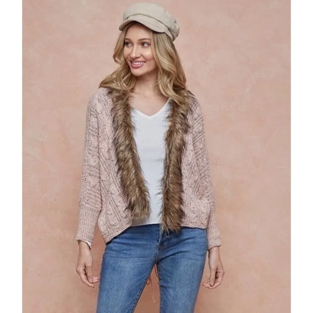 Faux Fur Trim Brown Cable Knit Cardigan | Boho Grunge Fairy Cottagecore Cozycore - Picture 16 of 16